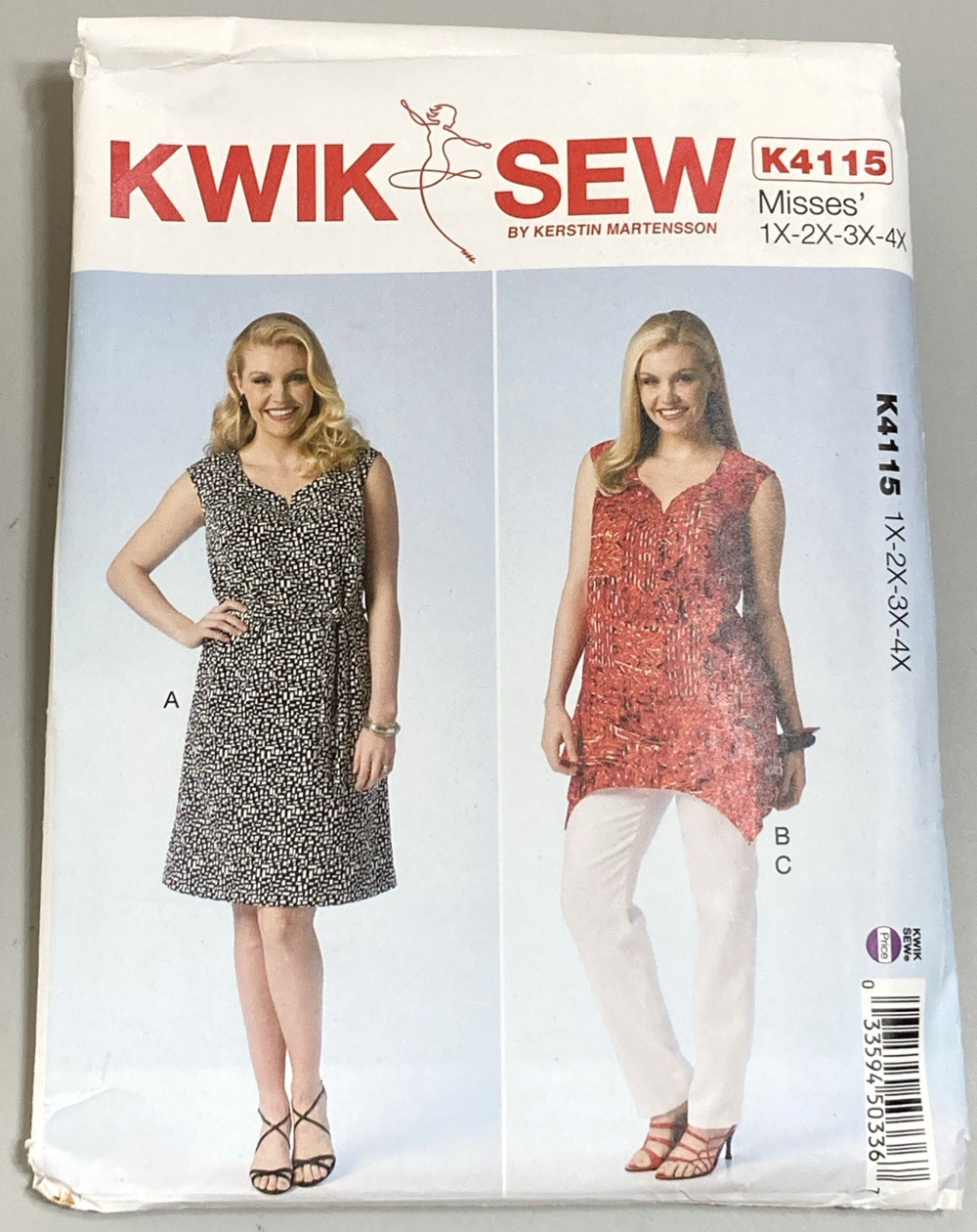 Kwik Sew K4115 Misses Dress, Tunic Sweetheart Neckline, Belt, Pants 1X-4X UNCUT